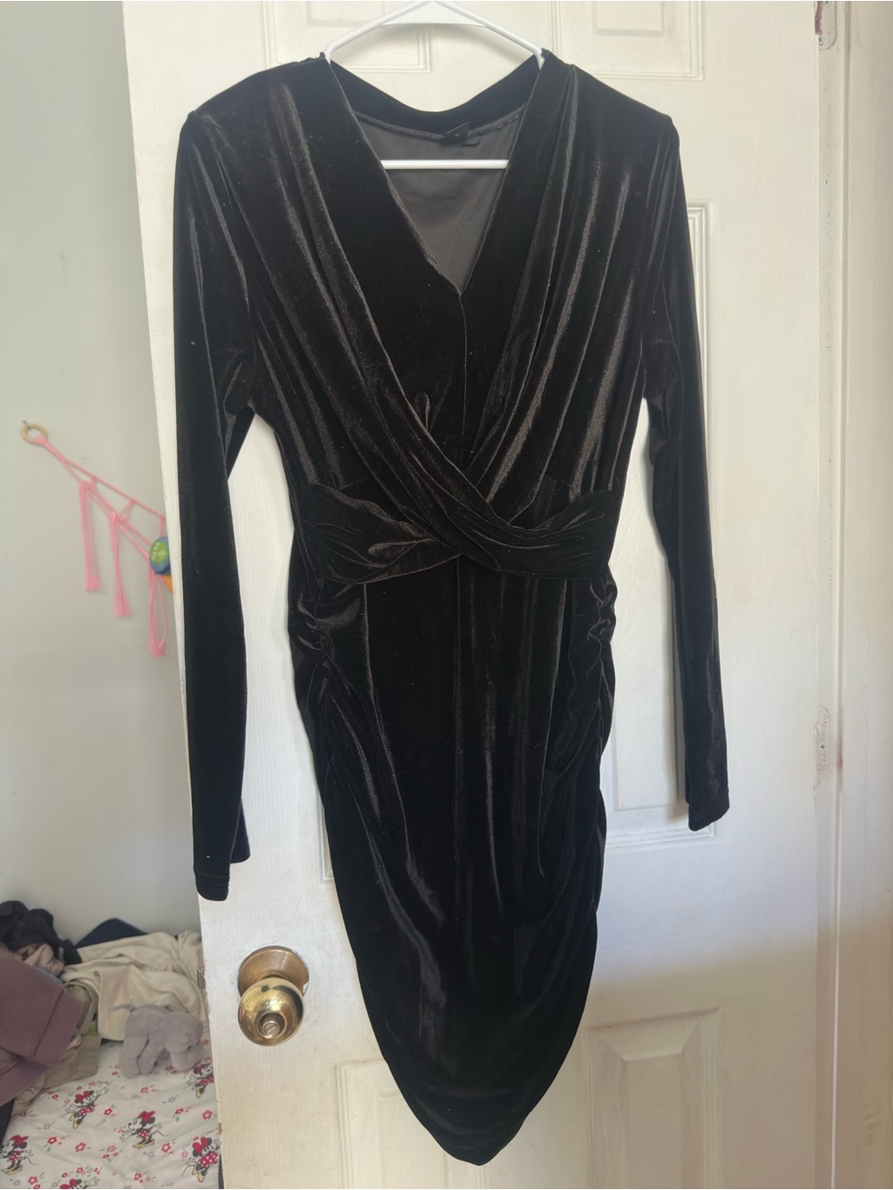 SHEIN Black Velvet Long-Sleeve Wrap Dress